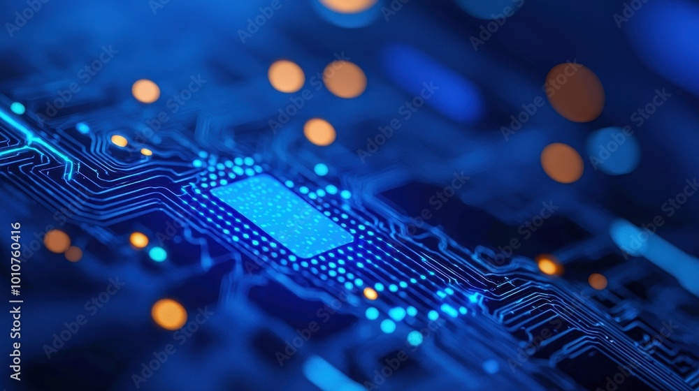 Poster close-up of a blue motherboard circuit, highlighting intricate patterns and glowing components.