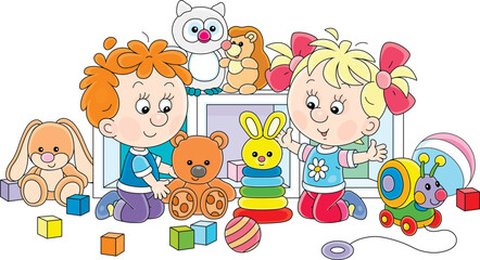 Happy little boy and girl playing with funny colorful toys in their nursery, vector cartoon illustration on a white background