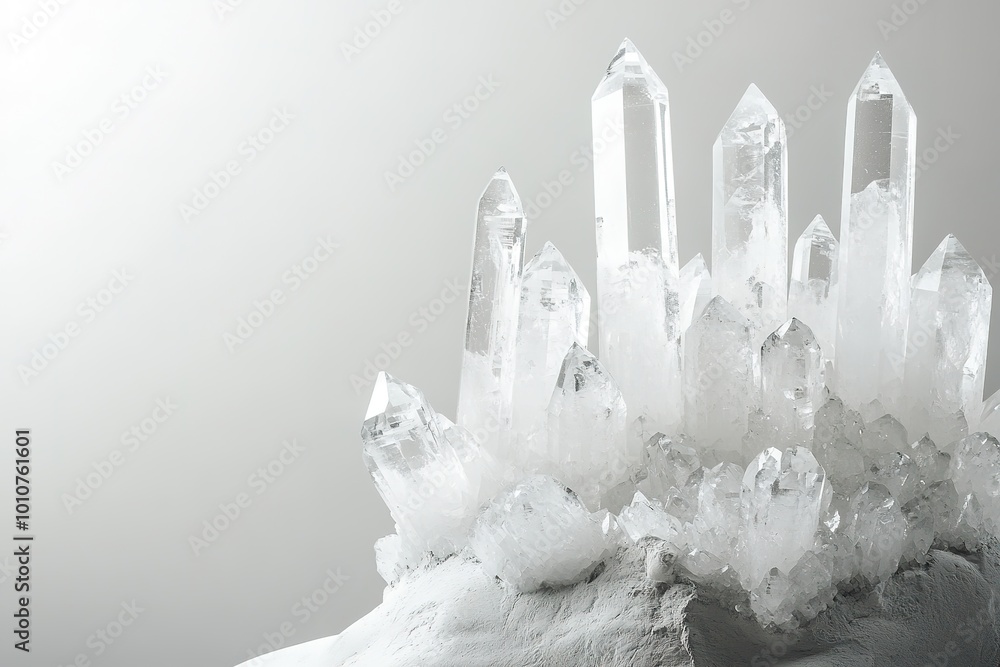 Poster clear crystal cluster on neutral background with soft shadow