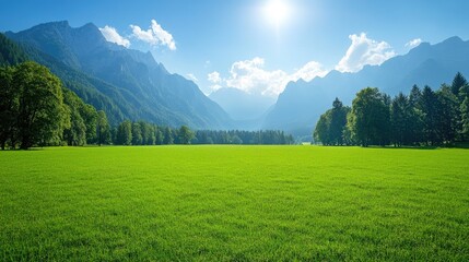 Obraz premium Green grass field in the mountains. This image is perfect for designs and presentations related to nature, relaxation, and tranquility.