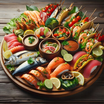 reiche fischplatte mit gem&uuml;se gew&uuml;rzen und taco schalen und vielen verschiedenen fischsorten und filets