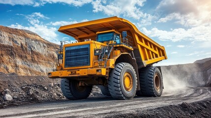 Fototapeta premium Yellow dump truck in a mine. Perfect for illustrating mining, construction, or heavy industry.