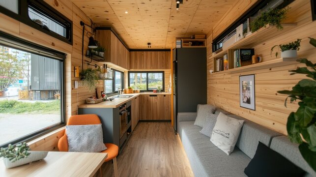 Interior of a tiny living unit with efficient design.
