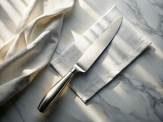 Naklejka premium Elegant simplicity of stainless steel knife resting on pristine white cloth, illuminated by soft natural light, creating serene and sophisticated atmosphere