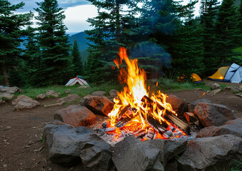 Roaring campfire surrounded by pine trees, with camping gear and tents visible in the background.