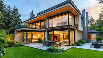 Fototapeta premium Contemporary house featuring large glass panels and open floor plans.