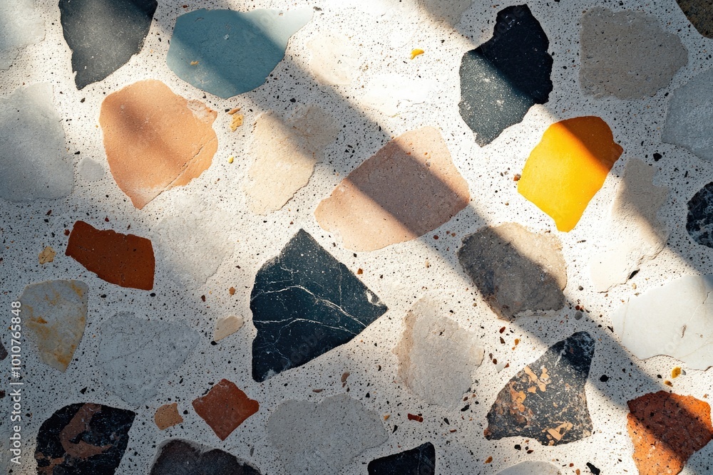 Poster a close-up shot of a terrazzo floor with various colors of stones. this image is perfect for display
