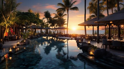 Luxurious hotel showcasing infinity pool with breathtaking view of the ocean at sunset