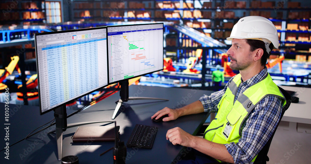 Poster warehouse manager sitting at desktop computer. delivery logistic