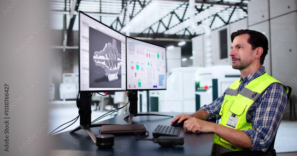 Poster engineer doing 3d cad model design on computer