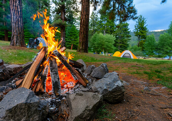 Roaring campfire surrounded by pine trees, with camping gear and tents visible in the background.