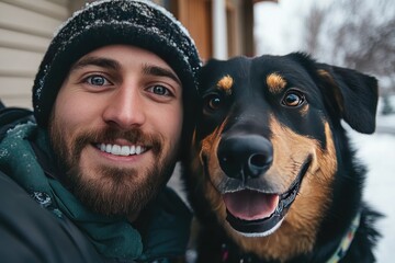 Fototapeta premium A man and his dog smile for a selfie. Perfect for pet, love, and friendship themes.