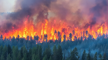 Intense wildfires in a forest, with vivid orange and red flames, dense smoke, and dramatic lighting highlighting the environmental impact.