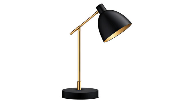 Elegant black desk lamp with a gold accent, white isolated background.