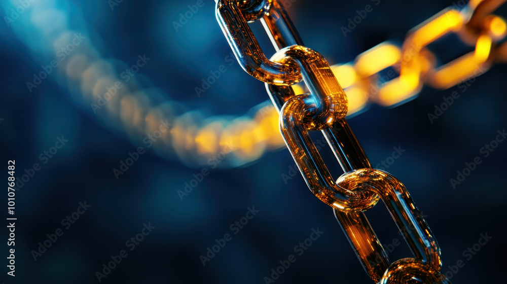 Poster close up view of shiny, golden chain link, symbolizing strength and connection. blurred background e