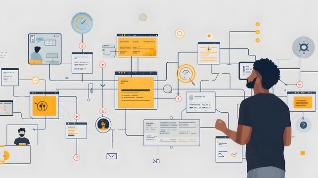 A visual representation of user journey mapping, featuring a detailed map of steps and interactions a user takes to achieve a goal, highlighting touchpoints and pain points