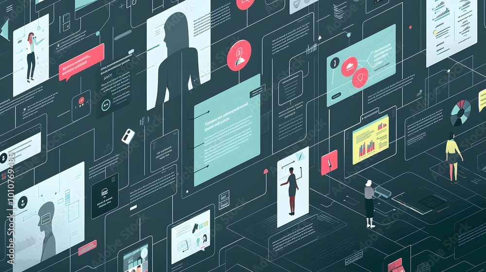 Poster a detailed digital workspace showcasing empathy mapping, with visual elements representing users' fe