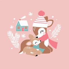 Cute deer family and snowy woods. Hand drawn vector illustration. Perfect for tee-shirt logo, greeting card, sticker, clip art or nursery decor. EPS10 vector file.