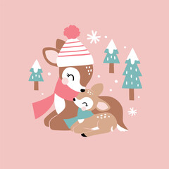 Cute deer family and snowy woods. Hand drawn vector illustration. Perfect for tee-shirt logo, greeting card, sticker, clip art or nursery decor. EPS10 vector file.
