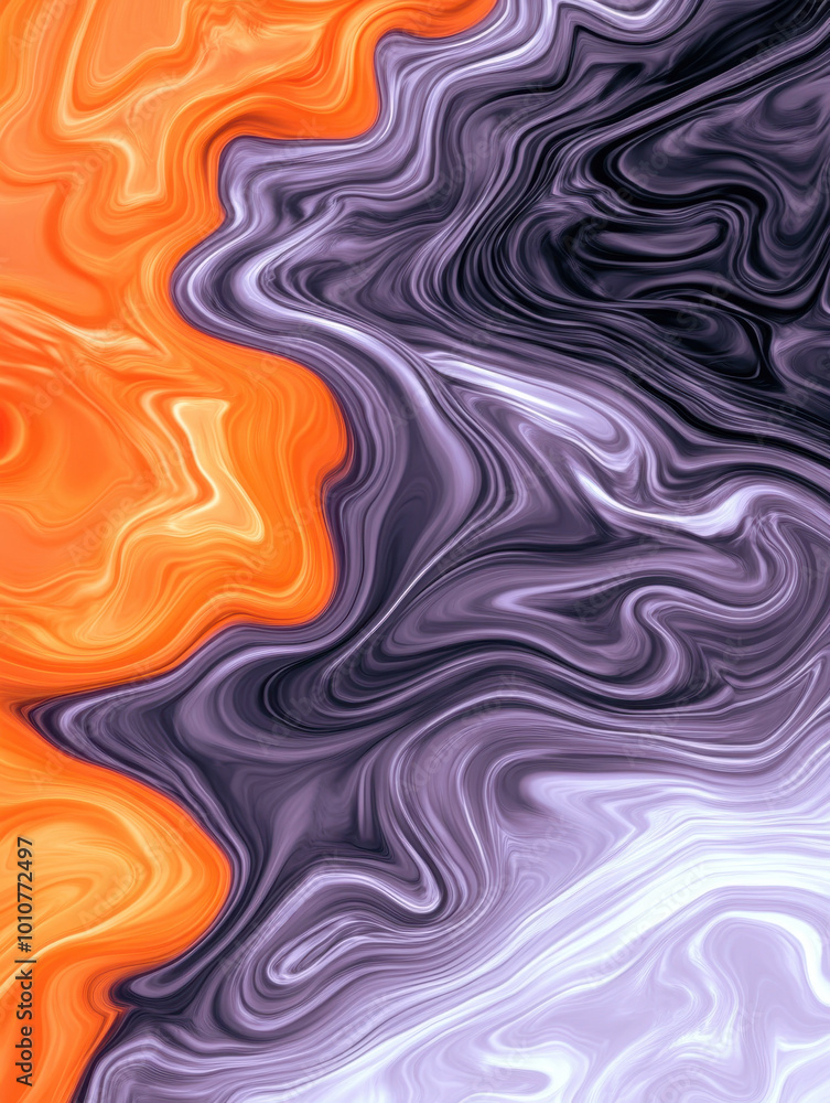 Poster vibrant orange and purple swirls create mesmerizing abstract pattern, evoking sense of fluidity and 