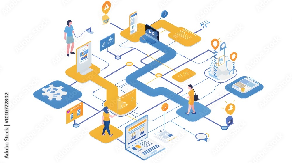Poster visual representation of user journey mapping, featuring a detailed map of steps and interactions a 