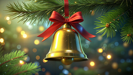 Golden Christmas bell with red ribbon on pine branch and glowing bokeh lights