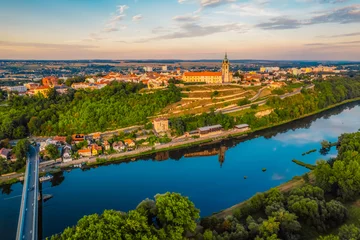  Melnik Castle on the hill above Labe and Vltava River in sunny day.  Church with city space and square. Czech Republic. © Zedspider