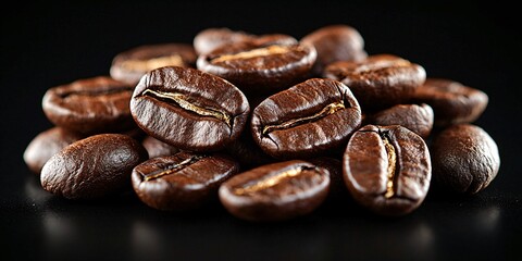 Fototapeta premium Rich and Textured Roasted Coffee Beans Close-Up on Matte Black Background