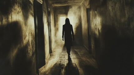 Eerie Corridor: A Shadow Looms in the Dimly Lit Passageway