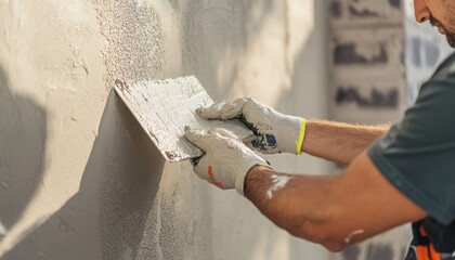 Skilled Worker Applying Plaster on Wall: A Close-Up View of the Art of Plastering with a Trowel.