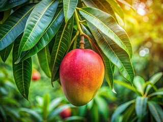 Suspended from a branch, a juicy mango glows amid a sea of verdant leaves, epitomizing ripeness and the splendor of nature all around it.