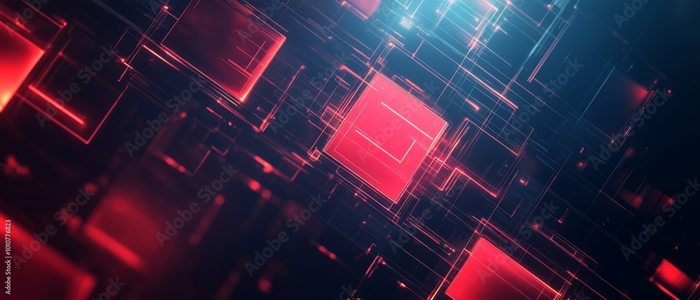 Poster Abstract background with glowing red and blue neon squares.