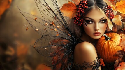 Halloween fairy fantasy woman with black wings ans autumn leaves on background with copy space on the left banner.