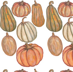 Pumpkins print seamless pattern hand drawn watercolour illustration clipart with isolated white background