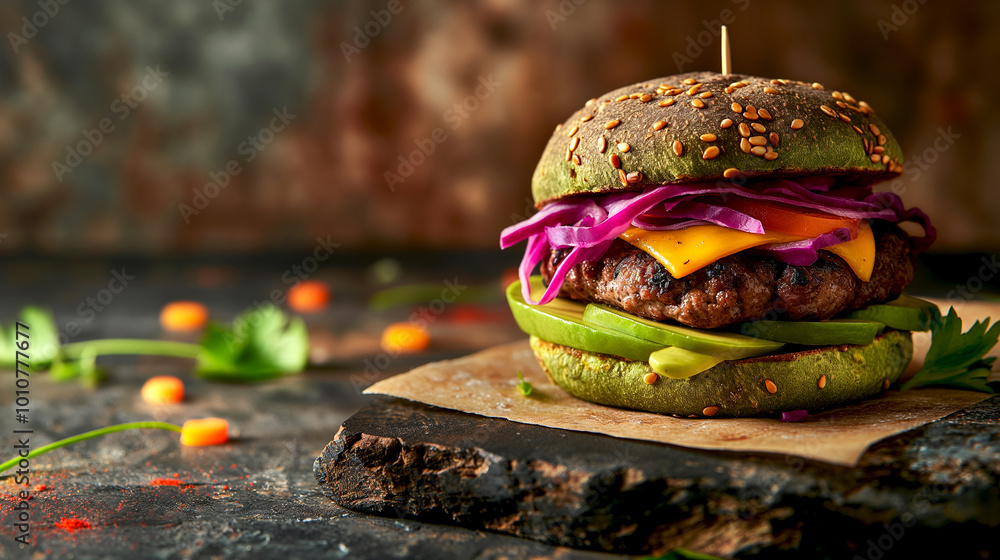 Wall mural closeup vegan burger roasted plant based meat with avocado sandwich, cucumber, yellow and red bell p