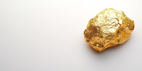 Fototapeta premium Gleaming Raw Gold Nugget on Clean White Surface, Macro Shot of Textured Precious Metal, Luxurious Mineral Close-up