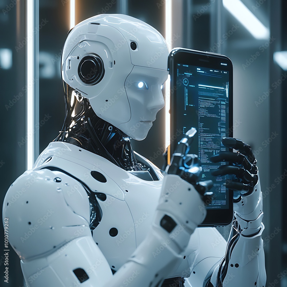 Poster innovative android engaging with digital tablet in high-tech workspace