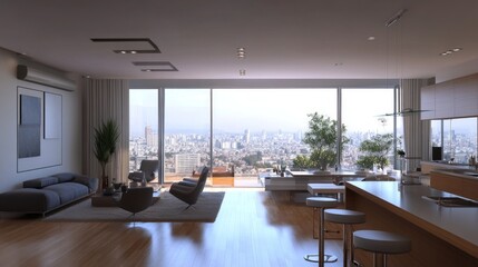 Fototapeta premium Open-concept living room with a city skyline view, minimalist furniture, and large plants for a refreshing space. 3D Rendering. 