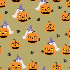 Seamless pattern cartoon halloween pumpkin and ghost. cute halloween wallpaper for fabric print, gift wrap paper