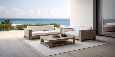 Cozy outdoor lounge area with modern furniture overlooking a tranquil beach at sunset