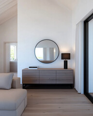 Modern living room interior with a stylish mirror and decorative lamp during daylight
