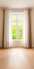 Obraz premium Bright room with large window and sheer curtains overlooking a lush green garden
