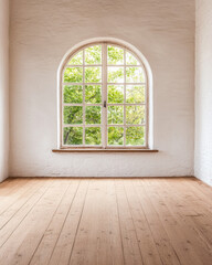 Bright and airy room with a large arched window showcasing green trees outside