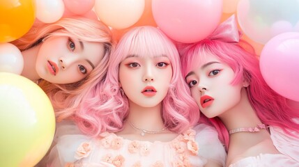 Three young women with pink hair and bright makeup pose with balloons.