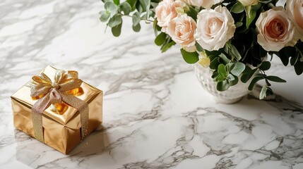 Elegant Blooms and Golden Gift on Marble