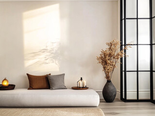 Cozy living space with minimalist decor and natural elements during the afternoon light