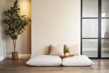 Cozy minimalist living space with floor cushions, plants, and natural light in a modern interior