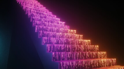 Fototapeta premium A glowing staircase illuminated in vibrant pink and orange hues against a dark background, creating an ethereal and modern atmosphere.