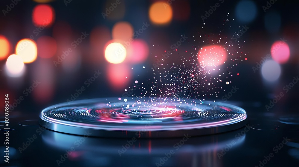 Poster colorful light particles swirling in a dynamic pattern.