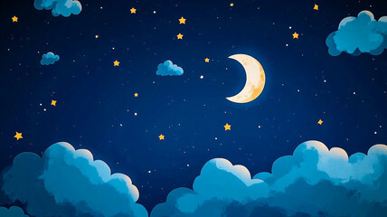 A vast night sky filled with sparkling stars and wispy clouds creates serene atmosphere, highlighted by glowing crescent moon. This enchanting scene invites wonder and tranquility